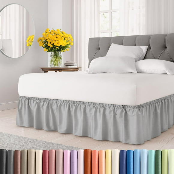 Wrap Around Dust Ruffle Bed Skirt - Light Grey - Made For Full Size Beds With 12 In. Drop - Easy Fit Elastic Strap - Pleated Bedskirt With Brushed Fabric - Wrinkle Free, Machine Wash - By Cgk Linens