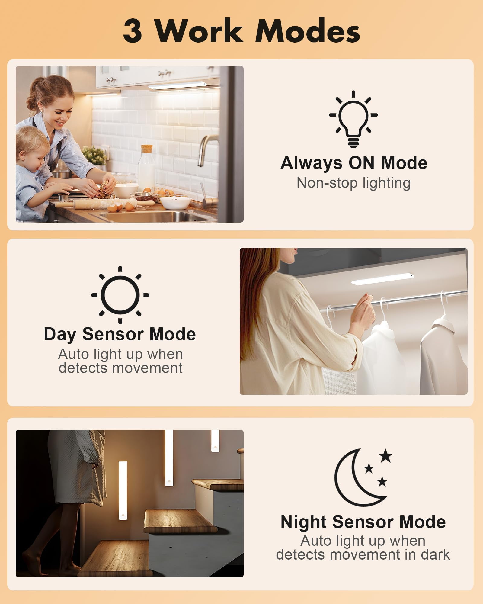 maylit 6 Pack Under Cabinet Lighting, 3 Color Temps Motion Sensor Light Indoor, Rechargeable Battery Operated Lights, Wireless Magnetic Light Bar for Kitchen Counter Closet Stair Shelf Display