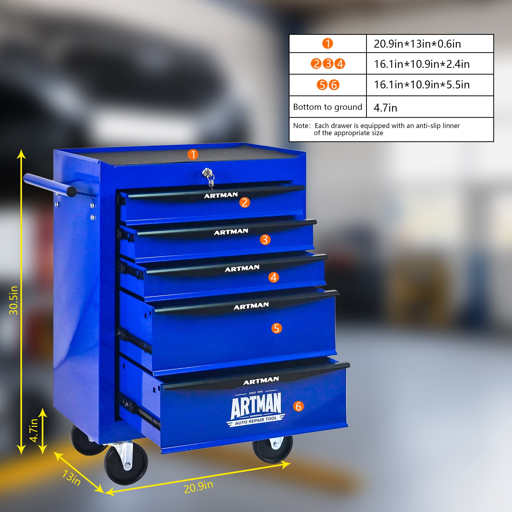 Rolling Metal Tool Chest Cabinet with 5 Drawers & Ball Bearing Drawer Slides, Steel Tool Storage Box Organizer -BLUE