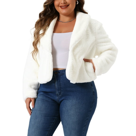 DARING DIVA Women's Plus Size Cropped Lapel Long Sleeve Faux Fur Fluffy Coat 1X White