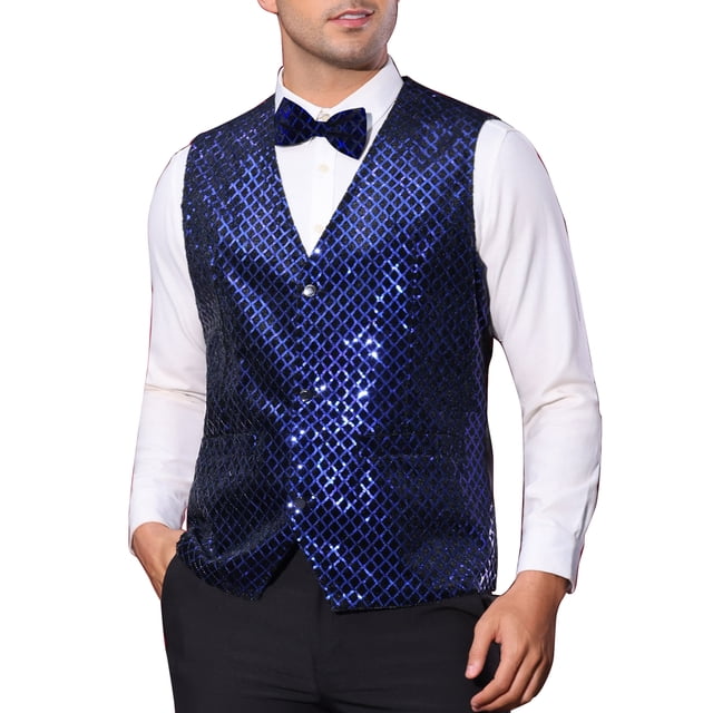 INSPIRE CHIC Chaleco para Hombre Argyle con Lentejuelas Cuello en V Sin Mangas Vestido de Fiesta Noche de Promoción Chaleco Brillante S Azul