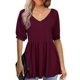 thumbnail image 2 of Blusa de manga corta con cuello en V para mujer, blusa de manga corta con volantes de Color puro a la moda para verano, color rojo vino L, 2 of 5