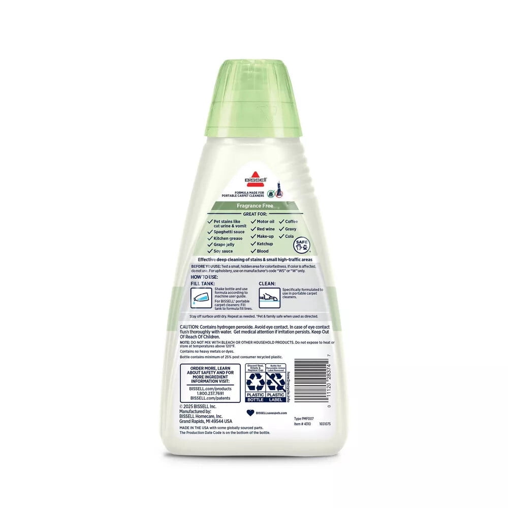 BISSELL Little Green Spot & Stain Solution, Fresh Scent, for Portable Carpet Cleaners on Carpet, Area Rugs, Upholstery, and Car Interiors, Oxy Stain Destroyer and Odor Eliminator, 2038G, 32 oz