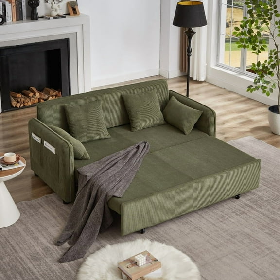 FX'' 66 Inch Sleeper Sofa Bed 3-in-1 Adjustable Sleeper with Pullout Bed 4 Pillows and Side Pockets Soft Corduroy Convertible Sleeper Sofa Bed for Living Room Bedroom Apartment Office