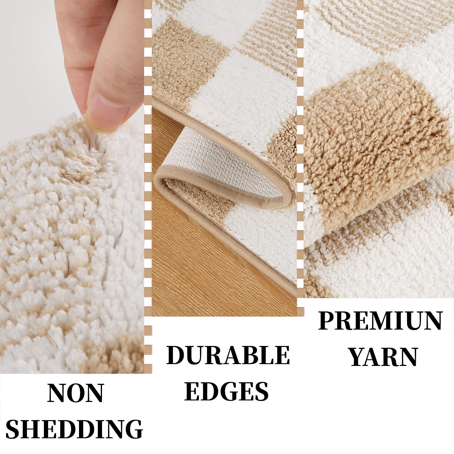 Bathroom Rugs, Yamaziot Checkered Beige Bath Rugs Runner with Toilet Mat, Non Slip Water Absorbent Microfiber, 3 Count