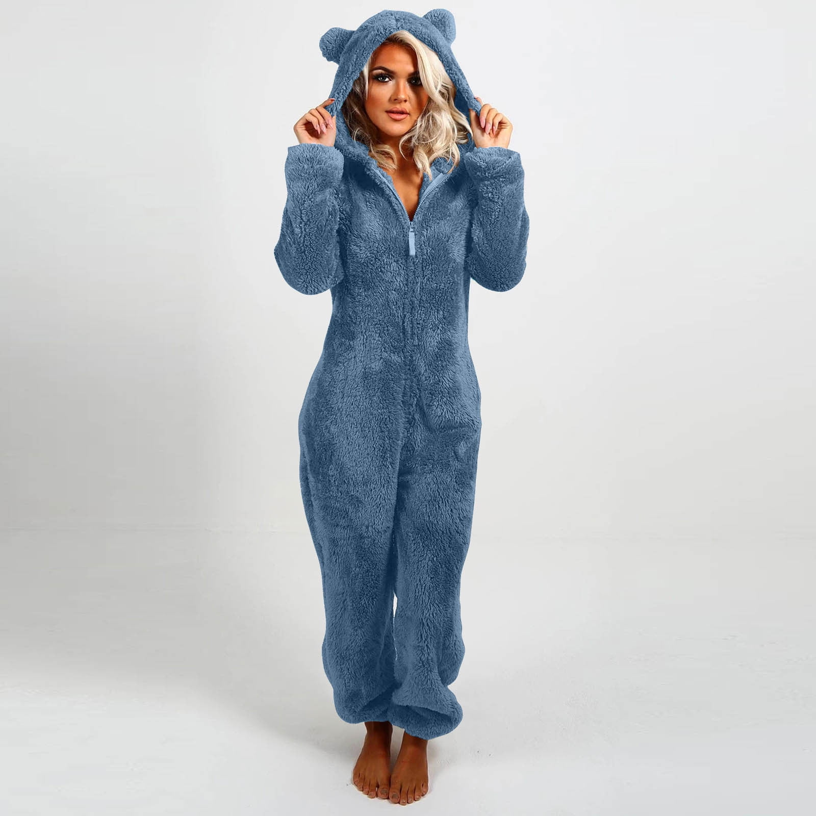 BiZtdJrK Womens Plush Hooded Jumpsuit Solid Color Sherpa Fuzzy Pajamas Long Sleeve Cute Cat One Piece Rompers Winter Warm Sleepwear Navy S