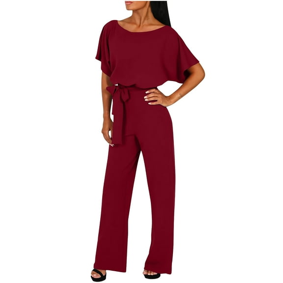 aidice Jumpsuits for Women Summer Casual Round Neck Short Sleeve Belt Loose Drop Shoulder Rompers