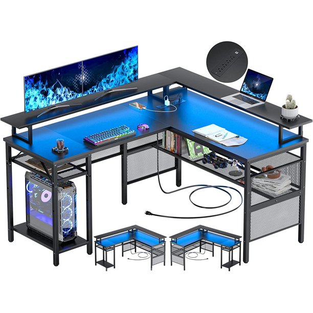 Homieasy L Shaped Desk with LED Strip and Power Outlets, Reversible
