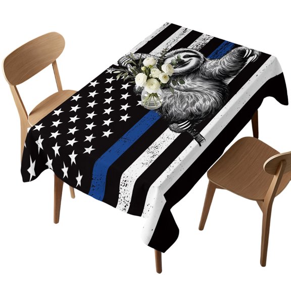 Rectangle Tablecloth, American Flag Law Enforcement Thin Blue Line Waterproof Table Cloth 52x70 in Animal Sloth Washable Spillproof Table Cover for Kitchen Dining Party Decor Outdoor Camping