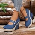 thumbnail image 6 of oqasdz Womens Casual Shoes Solid Color Denim Heel Shoes Round Toe Buckle Design Versatile All Season Work Business Fashion Sneakers Outdoor Summer, 6 of 7
