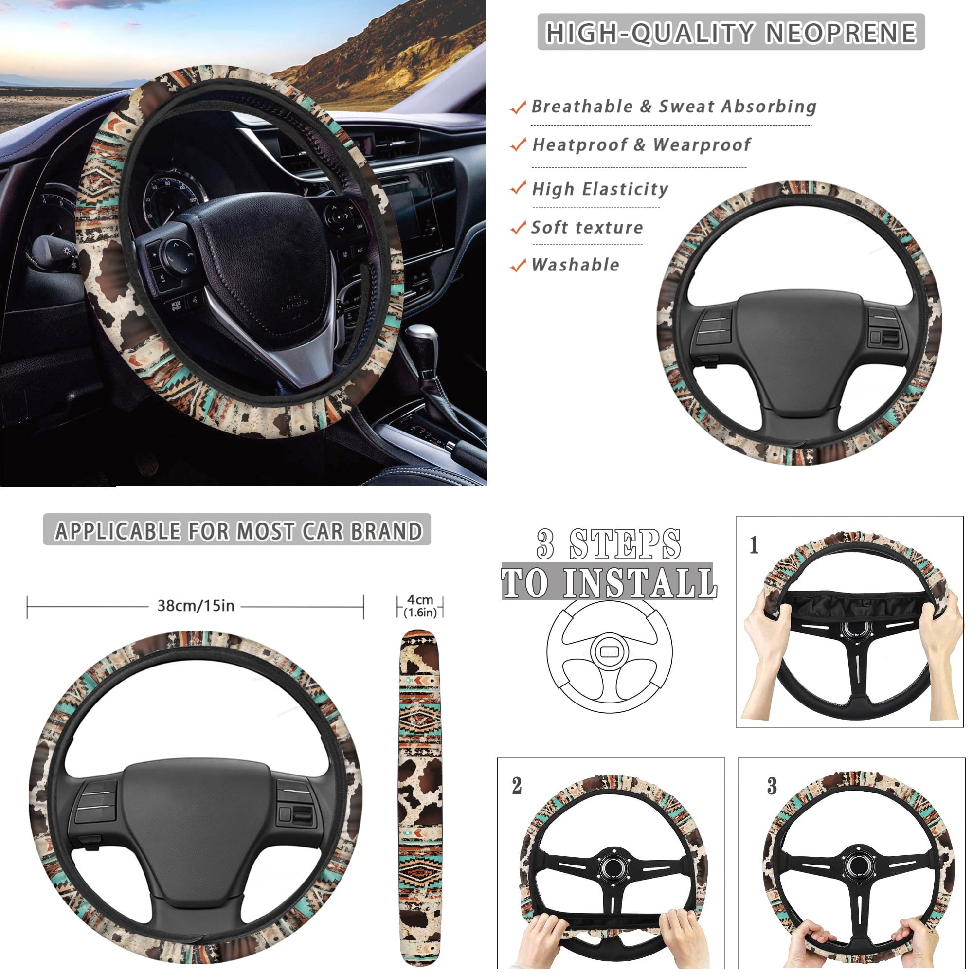 Renewold American Tribal Brown Cow Print Retro Car Seat Cover Full Set 14 PCS, with Steering Wheel Cover Seatbelt Pad Coasters Rubbish Bin Rear View Mirror Armrest Gear Shift Knob Cover Set