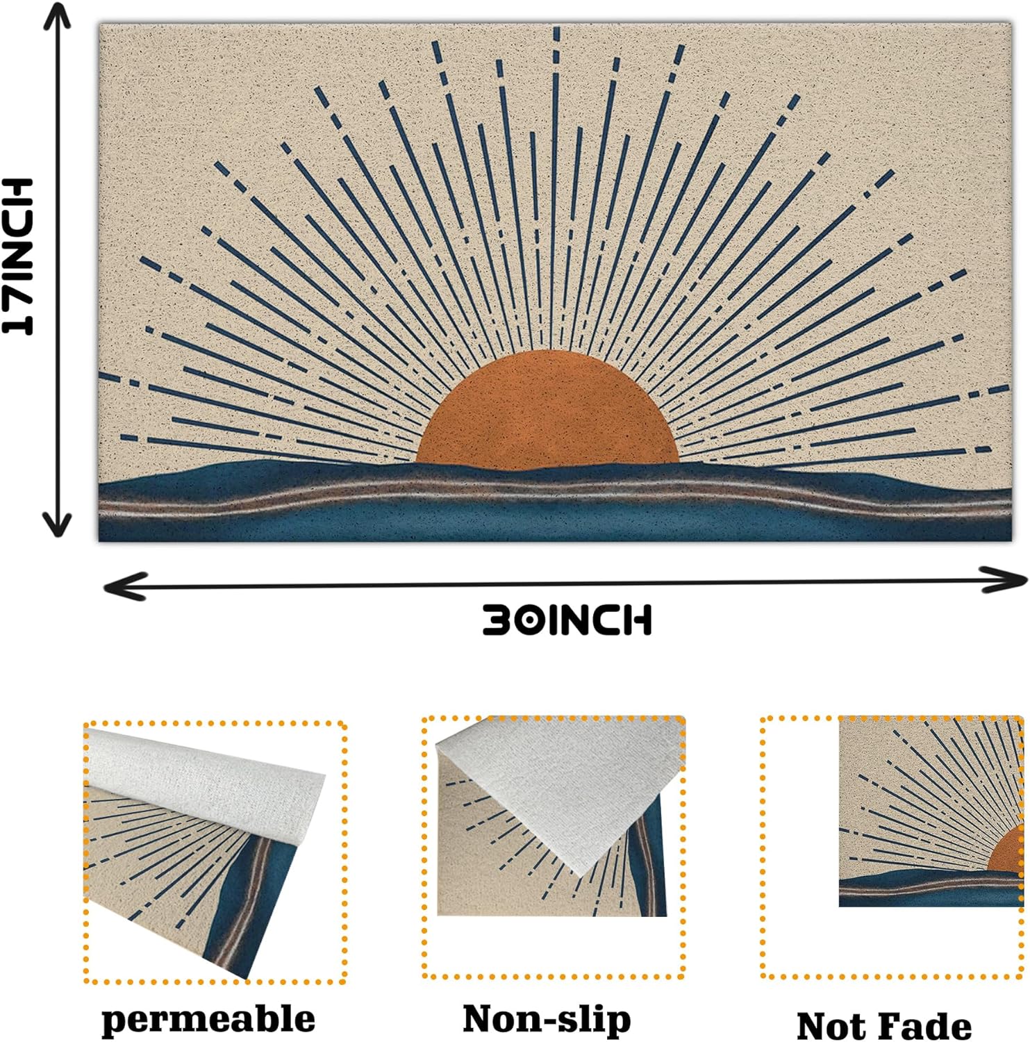 Abstract Boho Sun Sunrise Sunshine Ocean Wave Mid Century Modern Waterproof Door Mat Outdoor Entrance 17x30 Inch Non-Slip Doormat for Bohemian Home Front Door Porch Outdoor Indoor Decorations