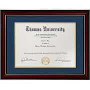 Flagship Diploma Frame Real Wood & Glass Golden Rim Sized 8.5x11 Inch with Mat and 11x14 Inch Without Mat for Documents Certificates (Double Mat, Navy Blue Mat with Golden Rim) (Na