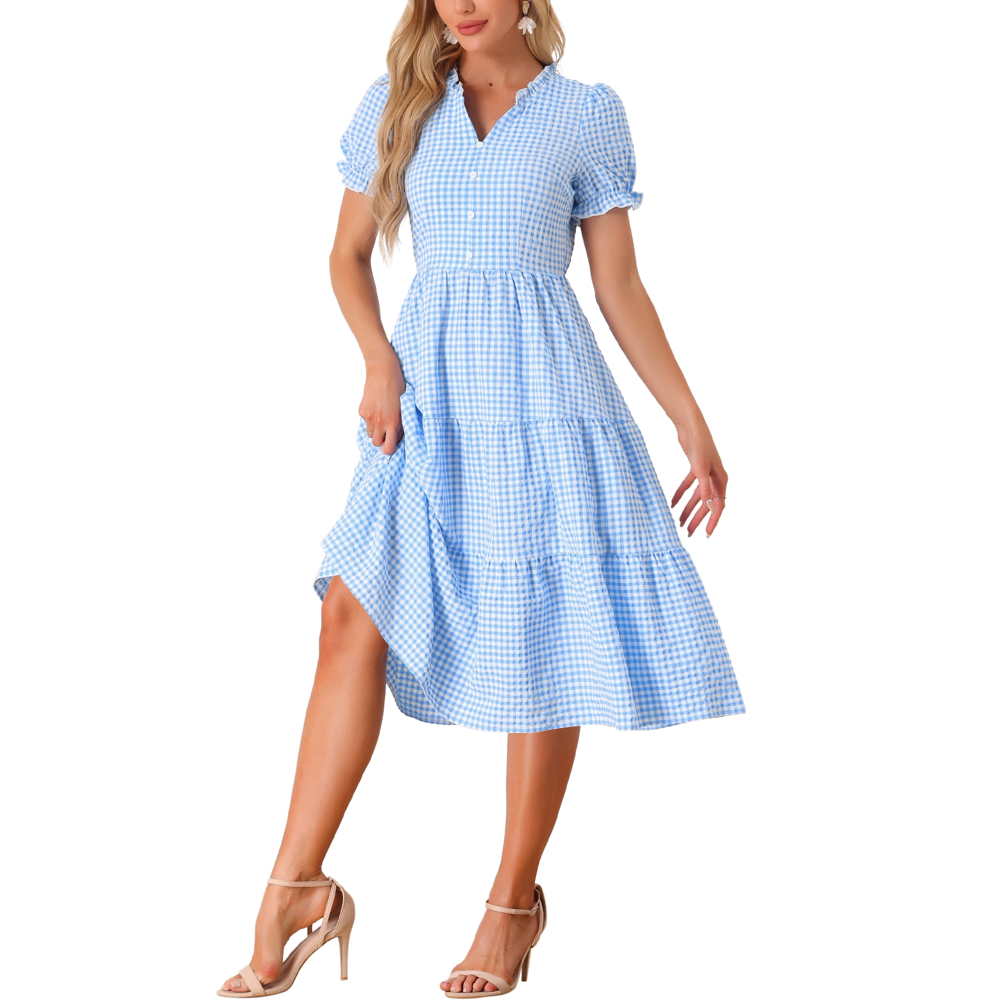 Unique Bargains Gingham Dress for Women s Summer Ruffle Trim V Neck Button Decor Dresses Blue XS Walmart