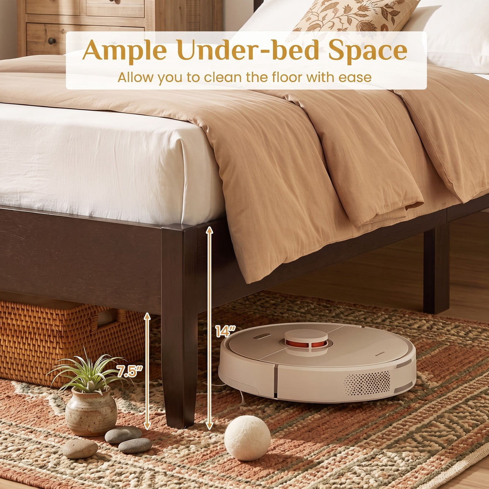 Furnibear Queen Bed Frame Wood Bed Frame with Open Slat Headboard, Queen Platform Bed Frame with Solid Wood Legs and 12 Slat Support, Dark Walnut