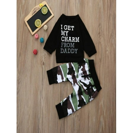 

DAETIROS Exquisite Daily Cute Toddler Kids Baby Tops+Camouflage Pants Outfits Clothes Set Funny Letter T Shirts Black
