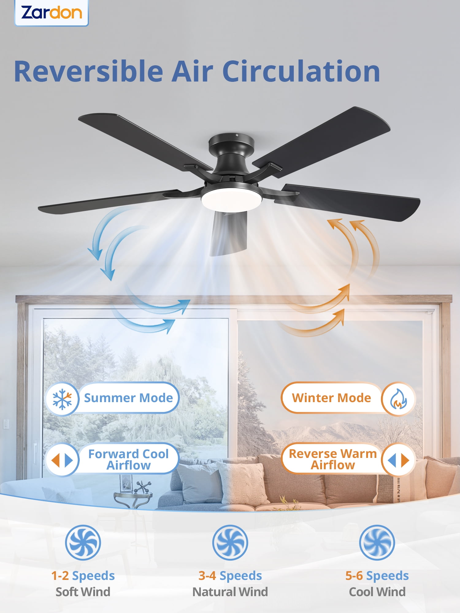 Zardon 52 inch Black Ceiling Fan with Light, Flush Mount Low Profile, App & Remote Control, Dimmable 6-Speed, Quiet Reversible DC Motor for Bedroom, Living Room