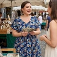 thumbnail image 6 of GRACE & GRANDEUR Women's Plus Size V Neck Flare Short Sleeves Floral Boho Midi Summer Dresses 2X Dark Blue, 6 of 7