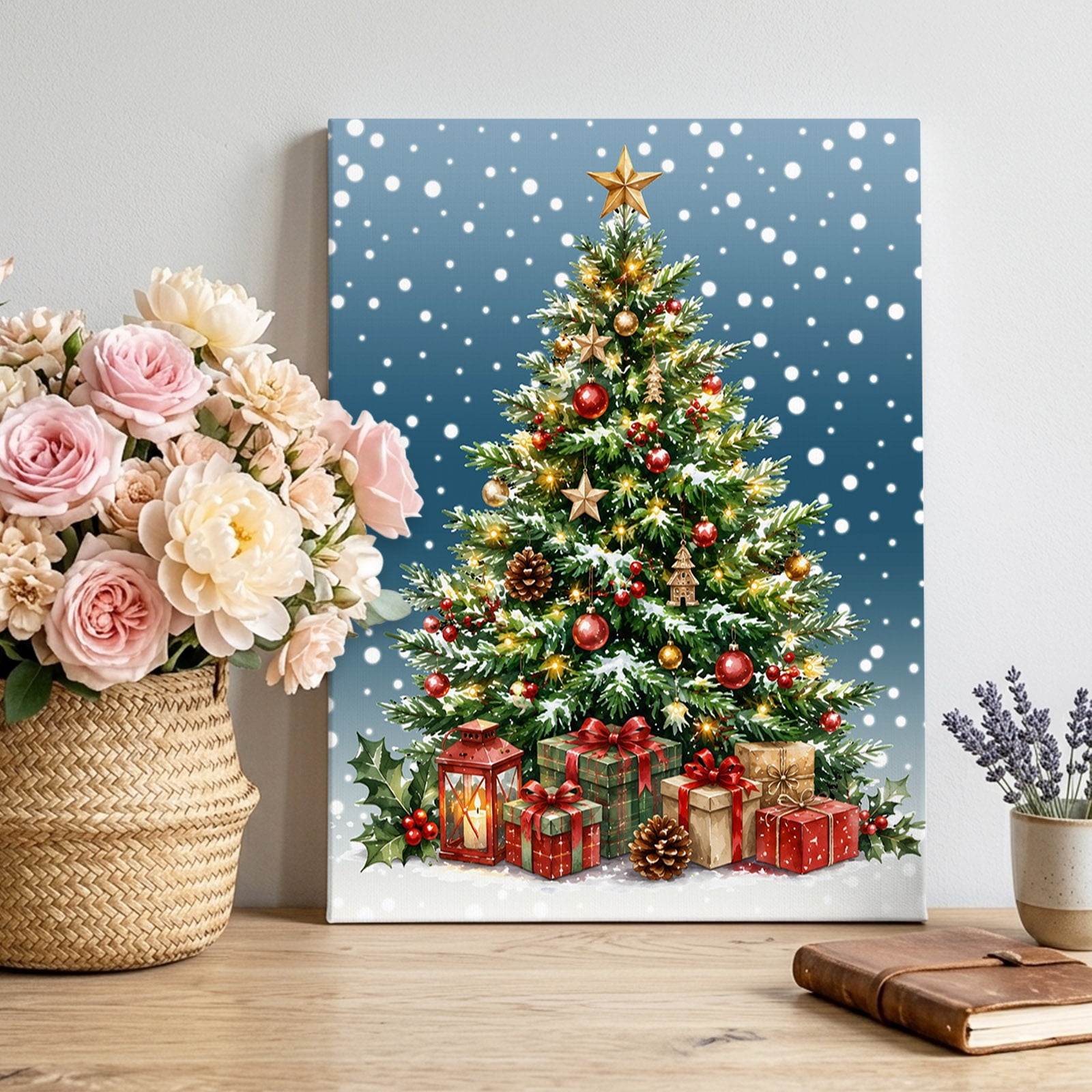 Canvas Wall Art Merry Christmas Framed Canvas Prints for Living Room Bedroom Xmas Trees Snowflakes Gifts Ombre Blue Large Gallery Wrapped Wall Decor for Home Office Gifts 16 x20 Ship Next Day
