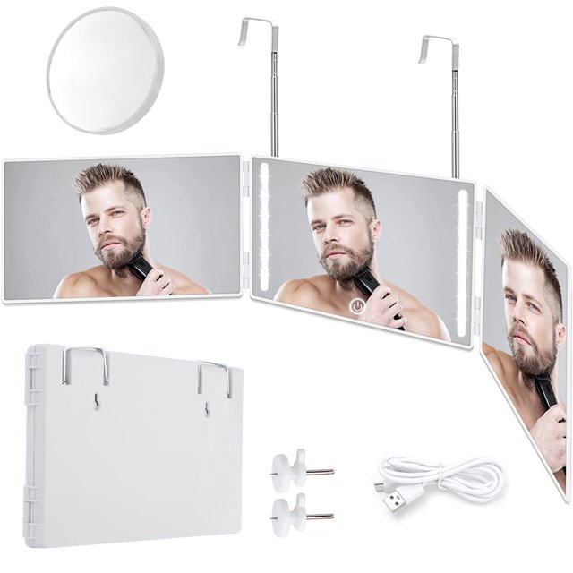 FHZLAJ Espejo de LED Recargable de 3 Vías, Espejos Triple Plegable 360 °con Ganchos Ajustables de Altura espejo para Cortar Cabello Mirror de Aumento 5X para Hombre Mujer Hogar Ba&a