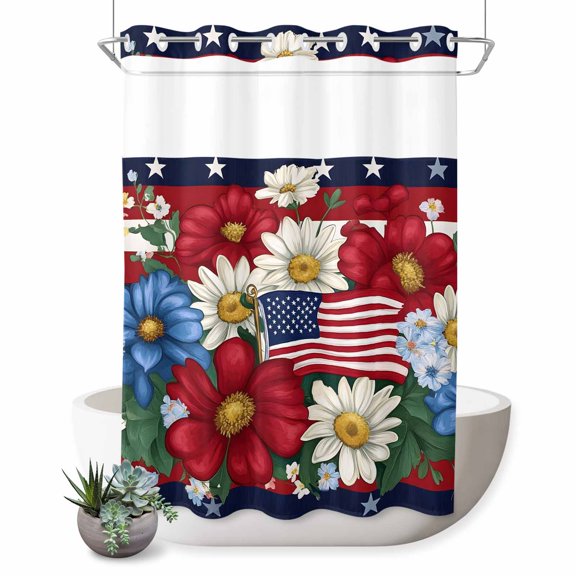 No Hook Shower Curtain with Built-in Rings - Boho 4th of July Washable Waterproof Fabric Bathroom Curtains for Hotel,Rentals, Stall 48 X 72 Inch , Memorial Day Flowers