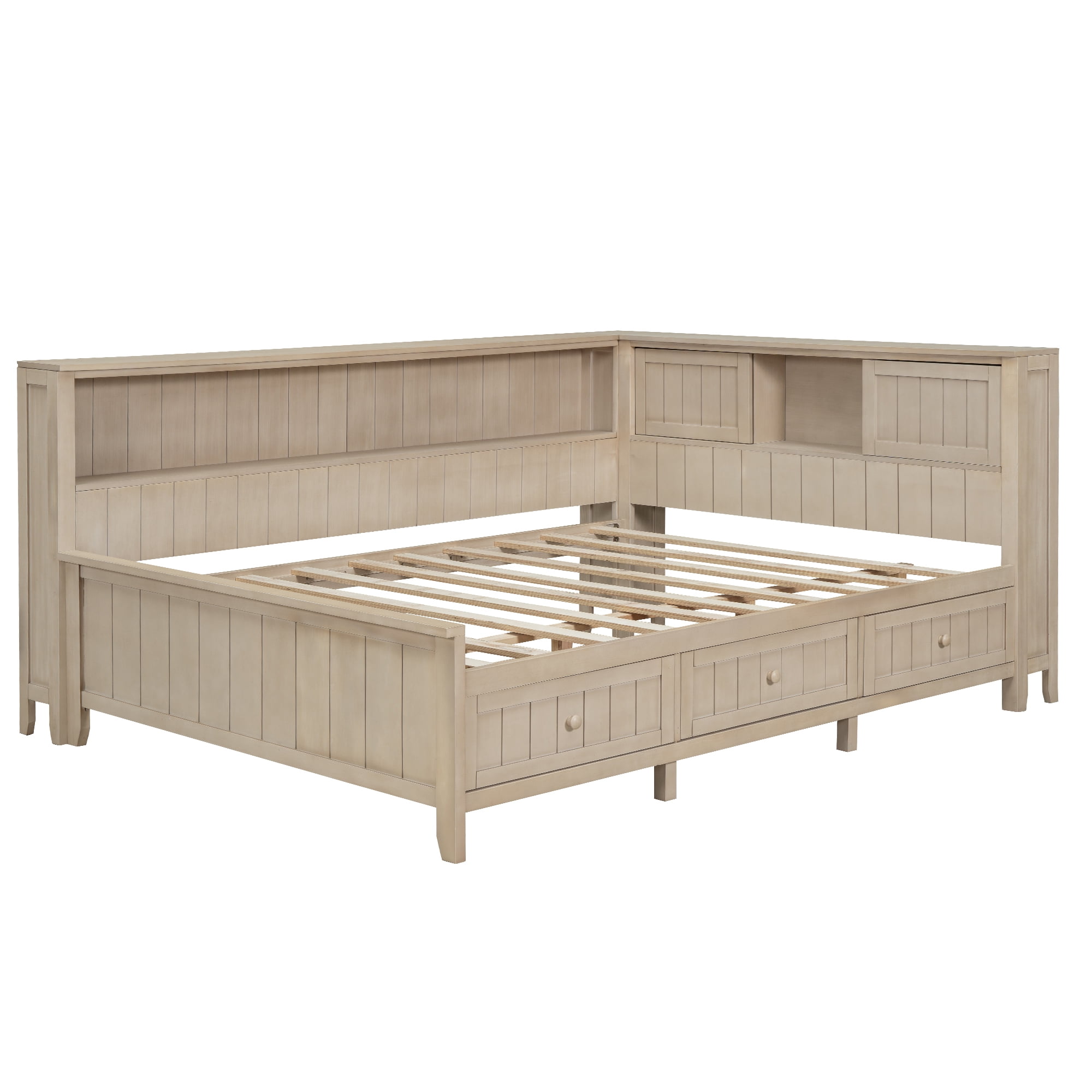MAYEERTY Full Size Wood Daybed with Storage Shelves and 3 Drawers, Antique White Milk