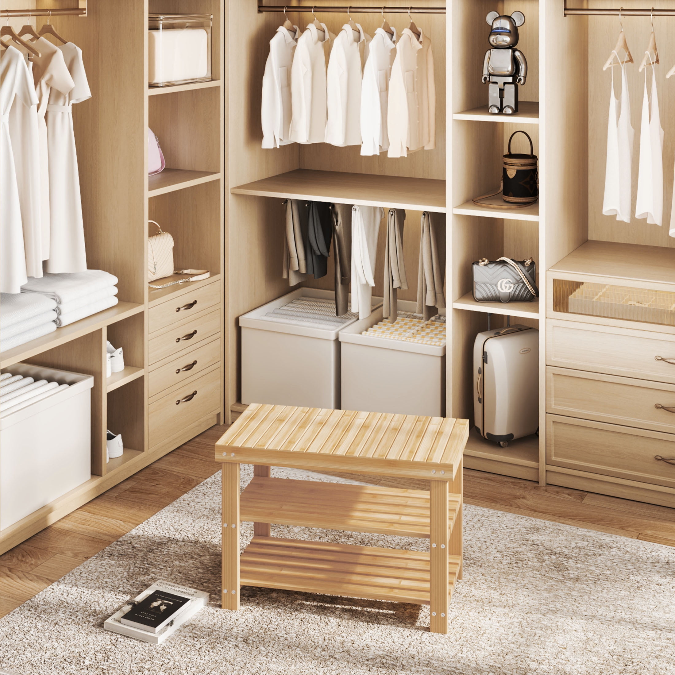 EDX 3-Tier Bamboo Shoe Rack Bench, 11.3 x 27.6 x 17.8 Inches Compact Storage Organizer with 286lb Capacity for Entryway, Bedroom and Living Room, Wood