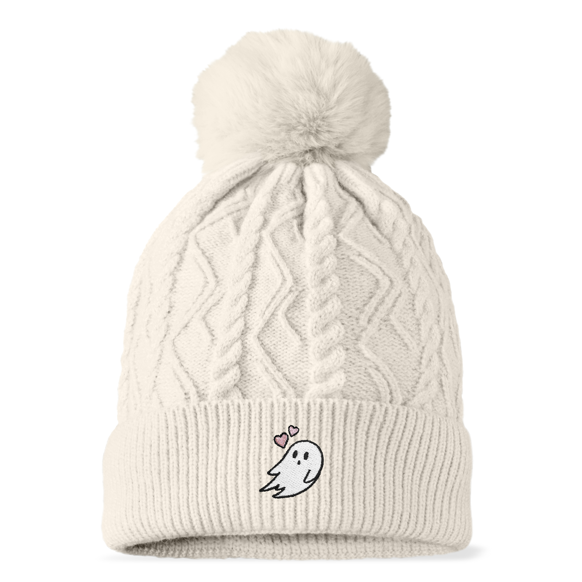 Dalix Heartly Ghost Cable Knit Pom Beanie Soft Stretch Skully Warm Fuzzy Faux Sherpa Winter Ski Beanie in Cream White