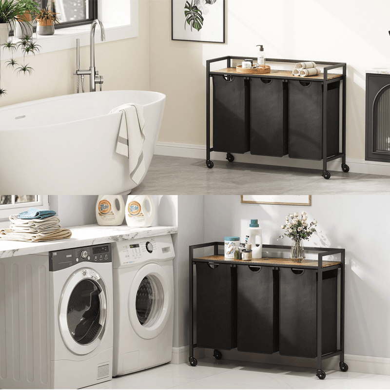 Laundry Hamper with Shelf, 2 Section Laundry Sorter with Pull-Out Removable Bags & Rolling Wheels, Metal Frame Laundry Basket Organizer for Bathroom Bedroom Laundry Room, Rustic Brown + Black