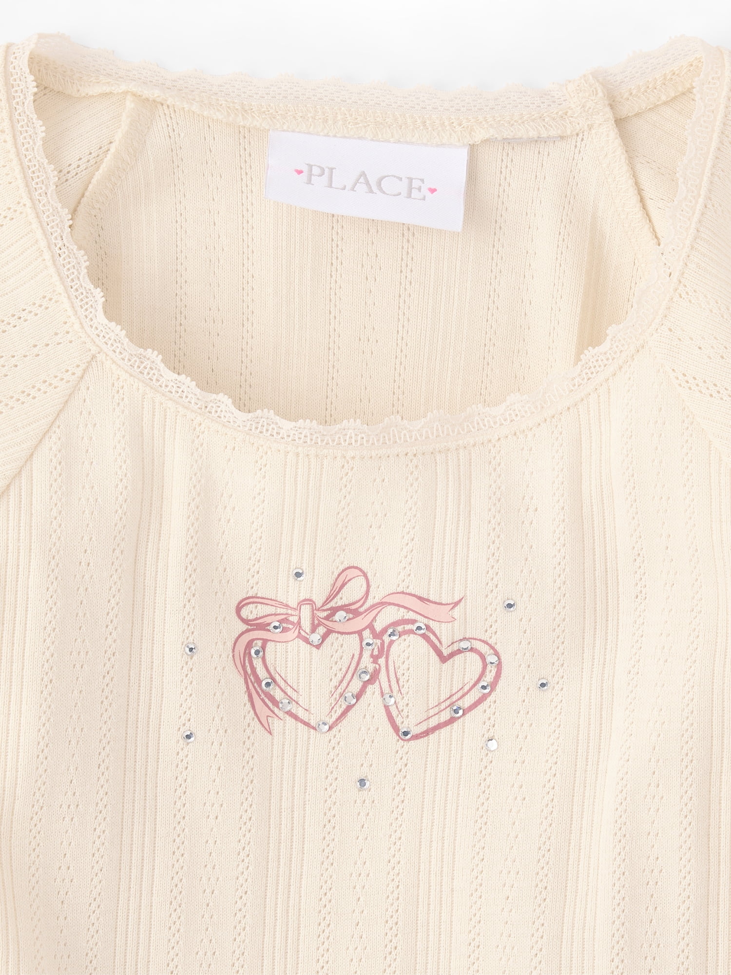The Children's Place Girls Short Raglan Sleeve Rhinestone Graphic Pointelle Top, Sizes XS-XXL
