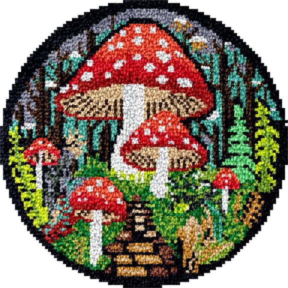 Large Round Latch Hook Rug kits Mushrooms Latch Hook kit Cushion Blanket Embroidery Craft Kits For Beginner DIY Latch Hook Carpet Rug Kit with Printed Canvas 60x60cm