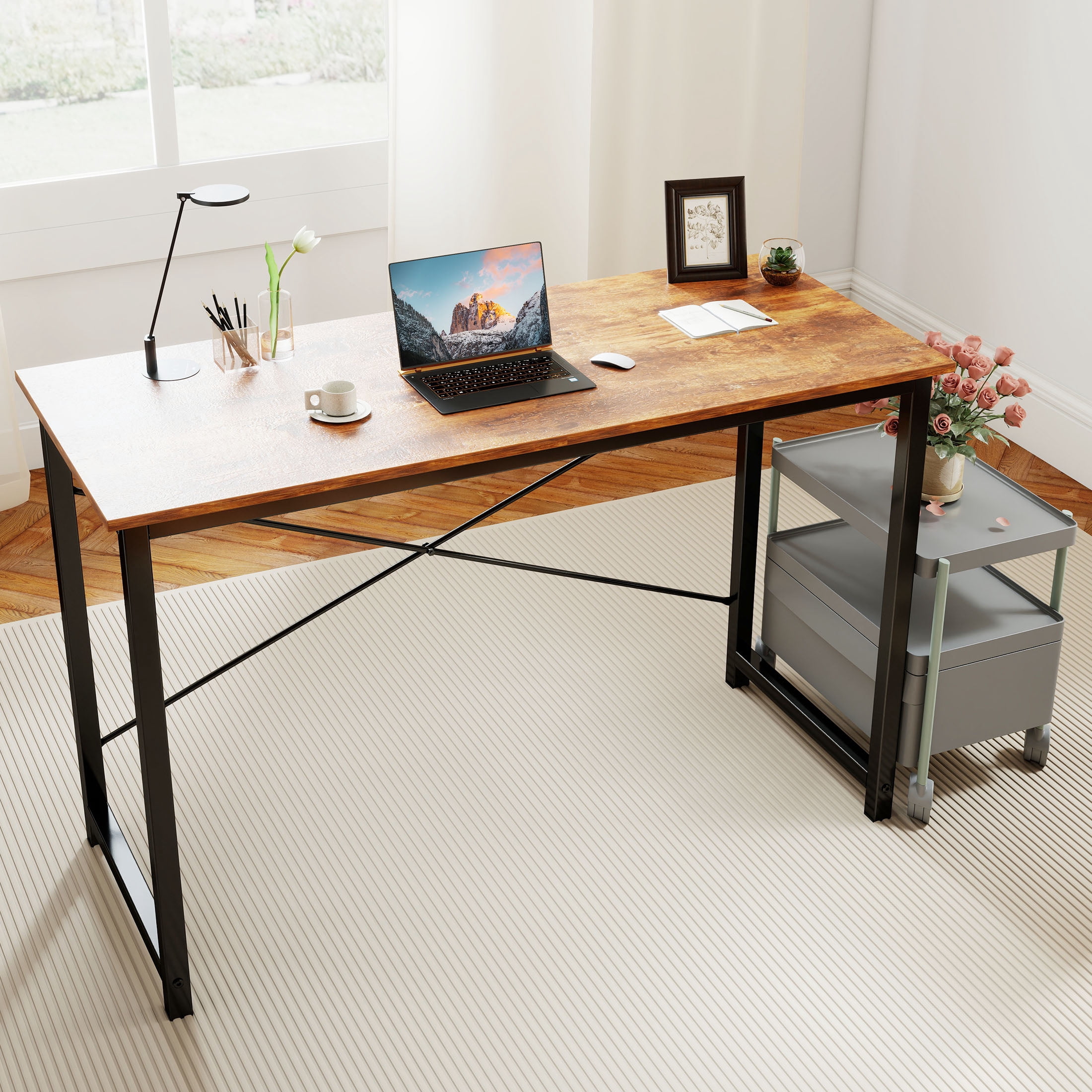 CONCETTA Computer Desk, 47 Inch with Storage Bag and Iron Hooks for Home, Office, Rustic Brown