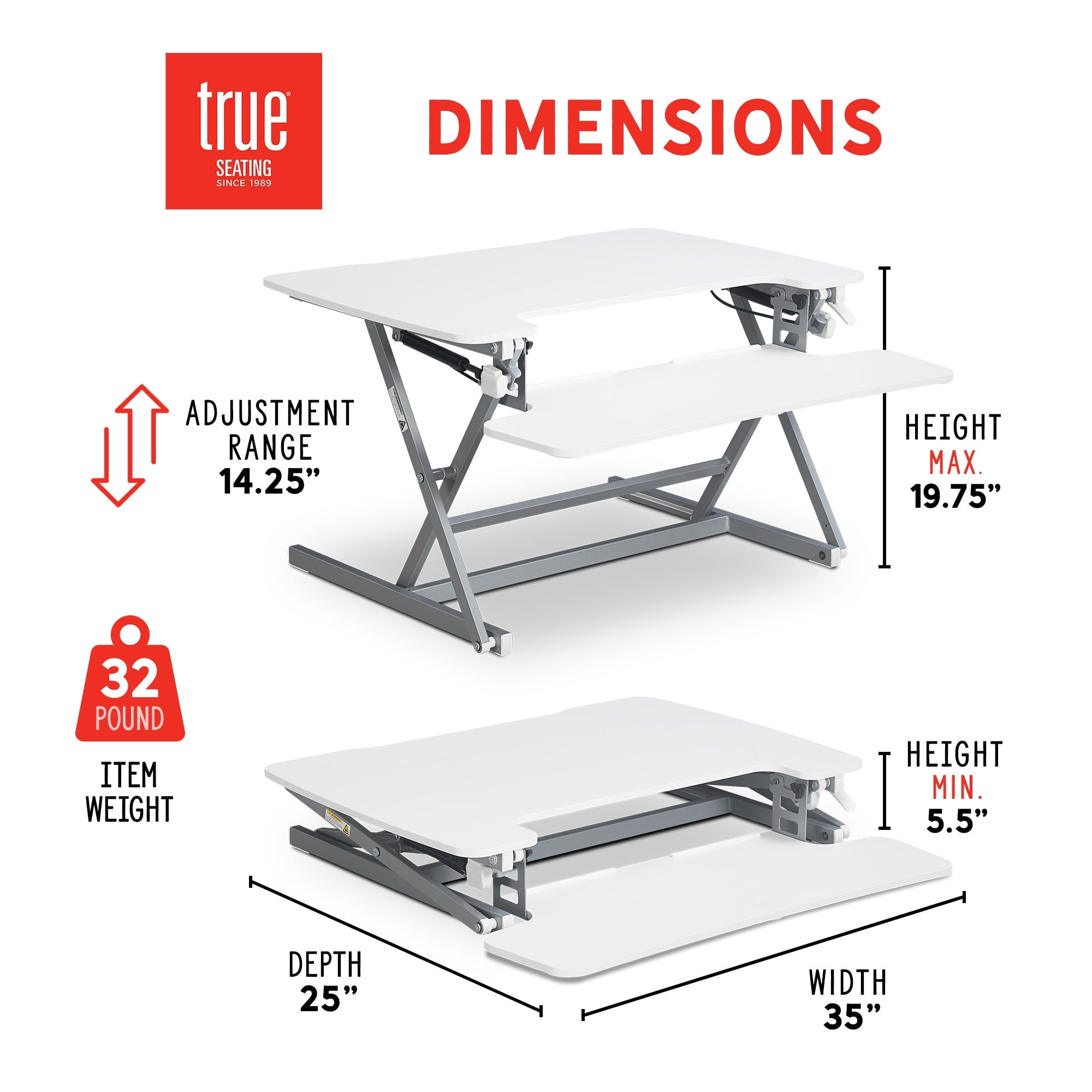 Millwork Holdings Co True Seating Ergo Standing Desk Converter with Keyboard Tray, Dual Monitor Laptop Riser Height Adjustable Tabletop Workstation