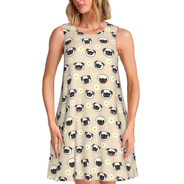 Fotbe Pug Dog Face Vestido de Verano sin Mangas para Mujer – Vestido Midi Línea A, Estilo Camiseta Floral, Vestido Playero Casual y Fluido