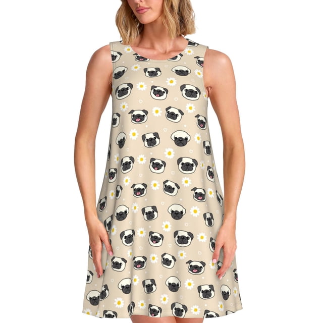 Fotbe Pug Dog Face Vestido de Verano sin Mangas para Mujer – Vestido Midi Línea A, Estilo Camiseta Floral, Vestido Playero Casual y Fluido