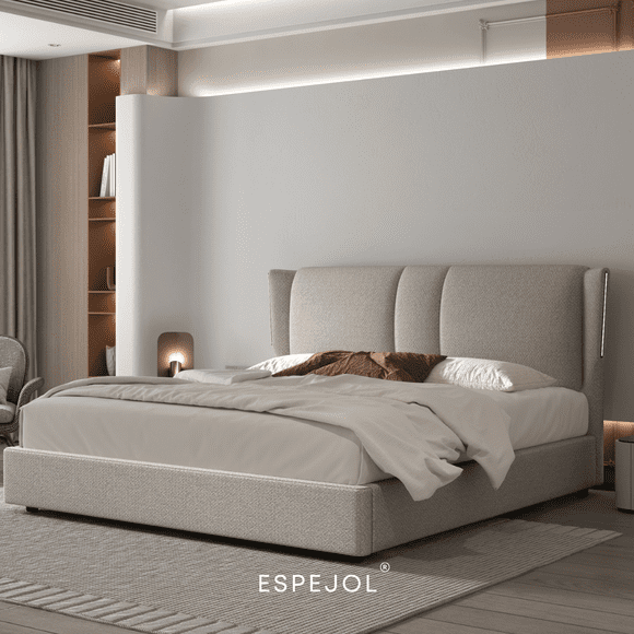 Cama Queen Size Banus Tapizada con Luz LED Touch | Cabecera Curva Moderna Premium en Tela Beige | Base y Cabecera Incluidas