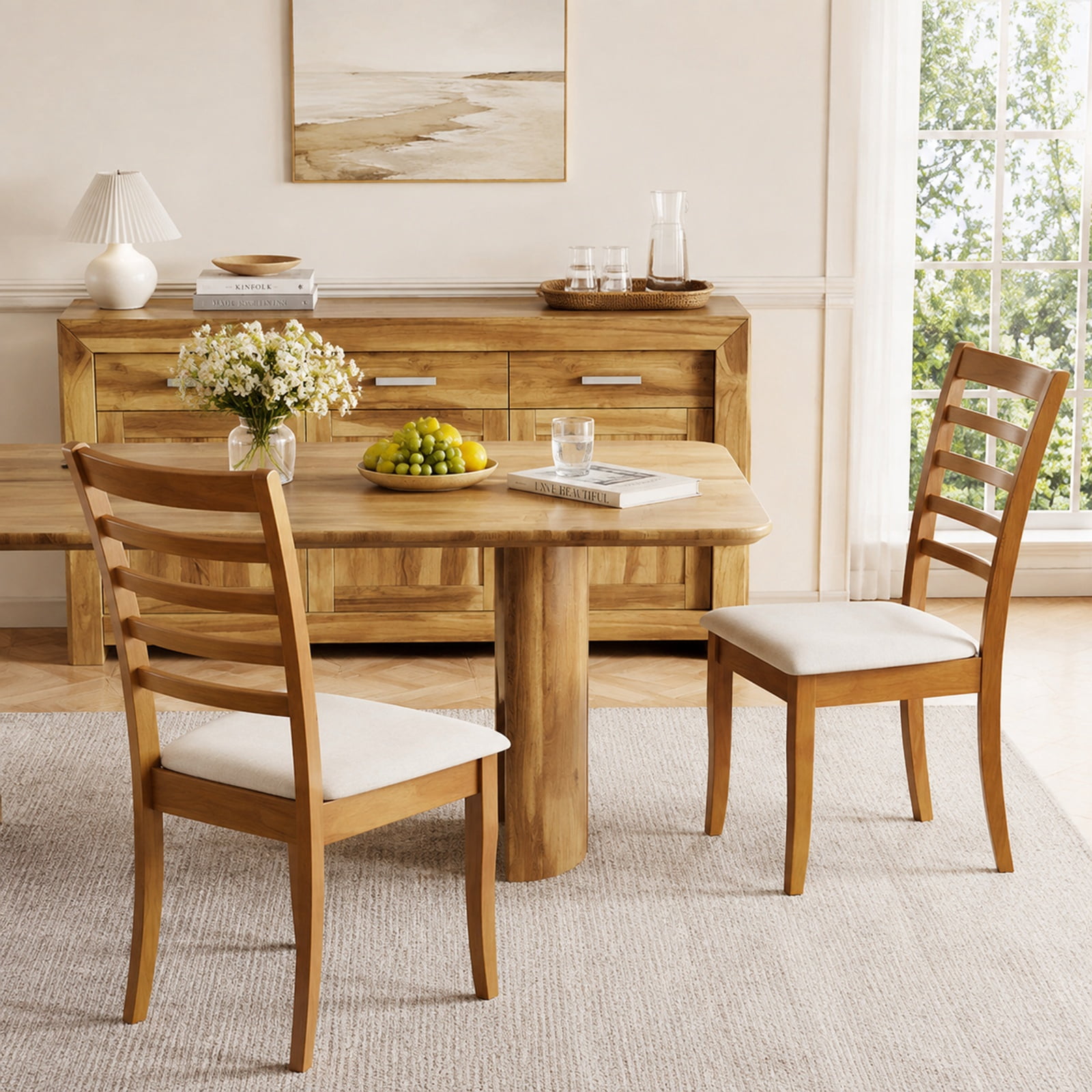 Furnibear Modern Wooden Dining Chairs Set of 2 Upholstered Kitchen Chair with Rubber Wood Frame and Padded Fabric Seat, Beige