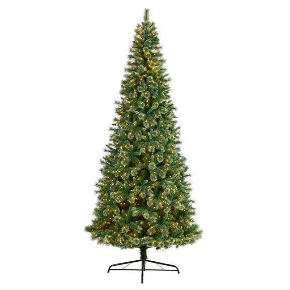 Nearly Natural Wisconsin Slim Snow Tip Clear Prelit LED Green Holiday Pine Christmas Tree, 10'