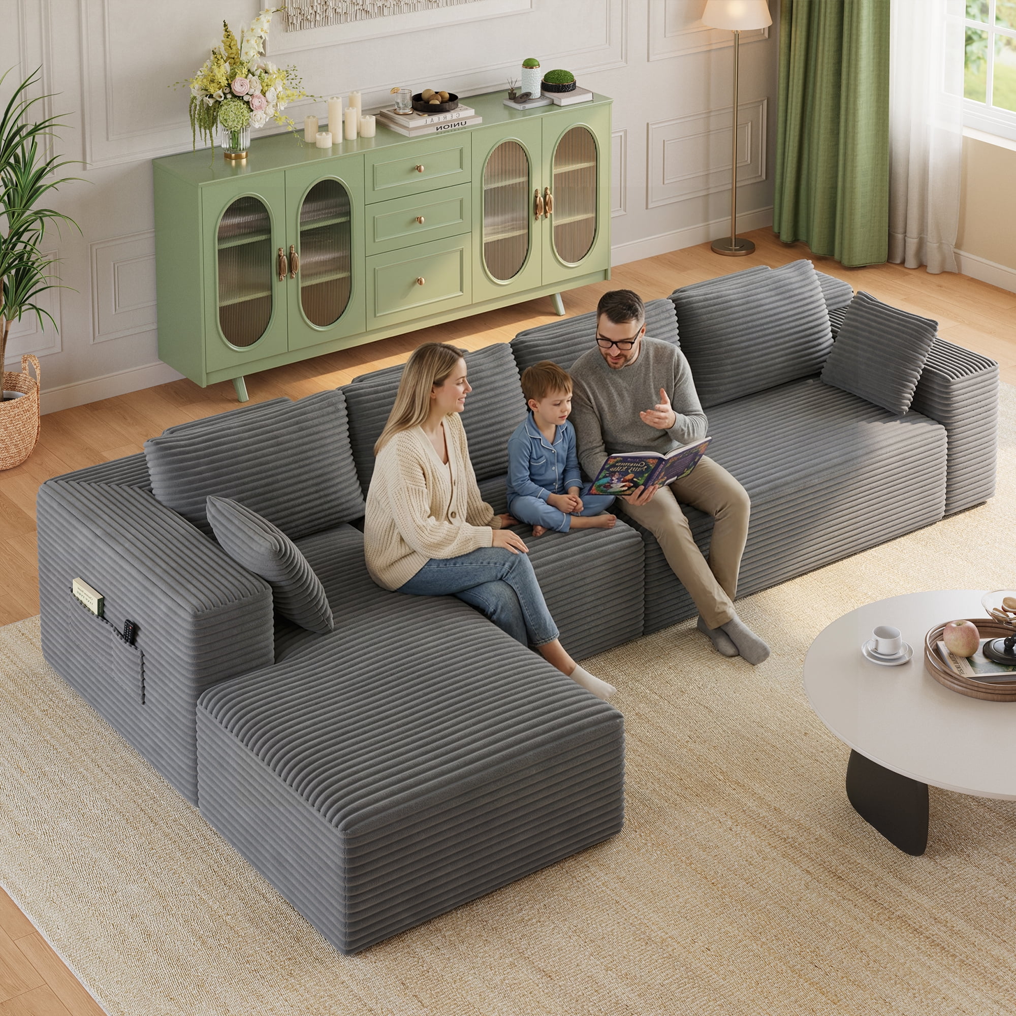 135" L-Shaped Cloud Modular Sectional Sofa, Corduroy Upholstery, Deep Seat Memory Foam Cushion, Dark Gray