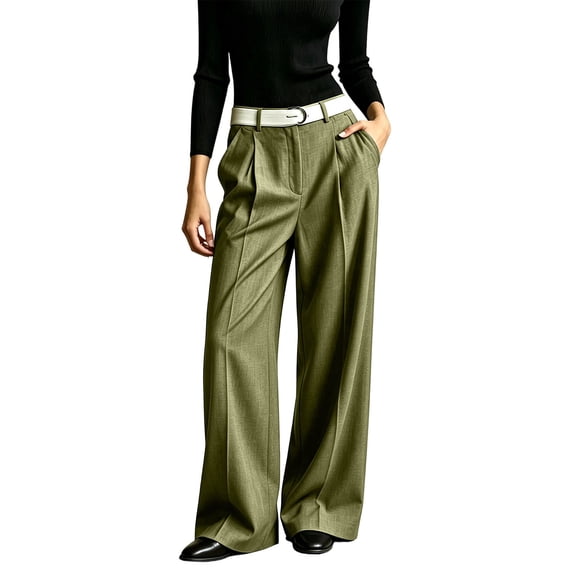 cocolona Womens High Waist Pleated Dress Pants Elastic Waist Straight Wide Leg Office Commute Flare Work Pants with Pockets