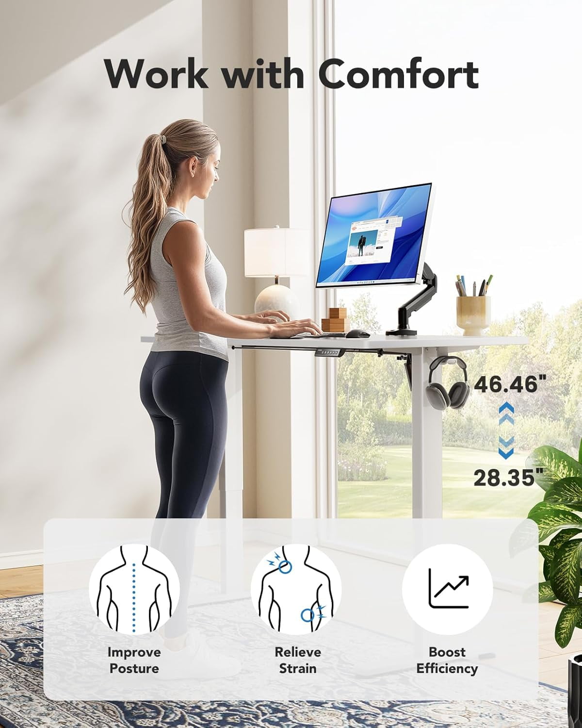 Kyspho One Piece Electric Standing Desk, 48" x 24" Height Adjustable Computer Desk with 4 Height Memory Settings, Sit Stand up Desk for Home Office, White