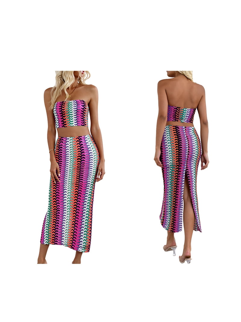 Women'S Summer Colorful Striped Tube Top Dress Set Two Piece Suit Purple L