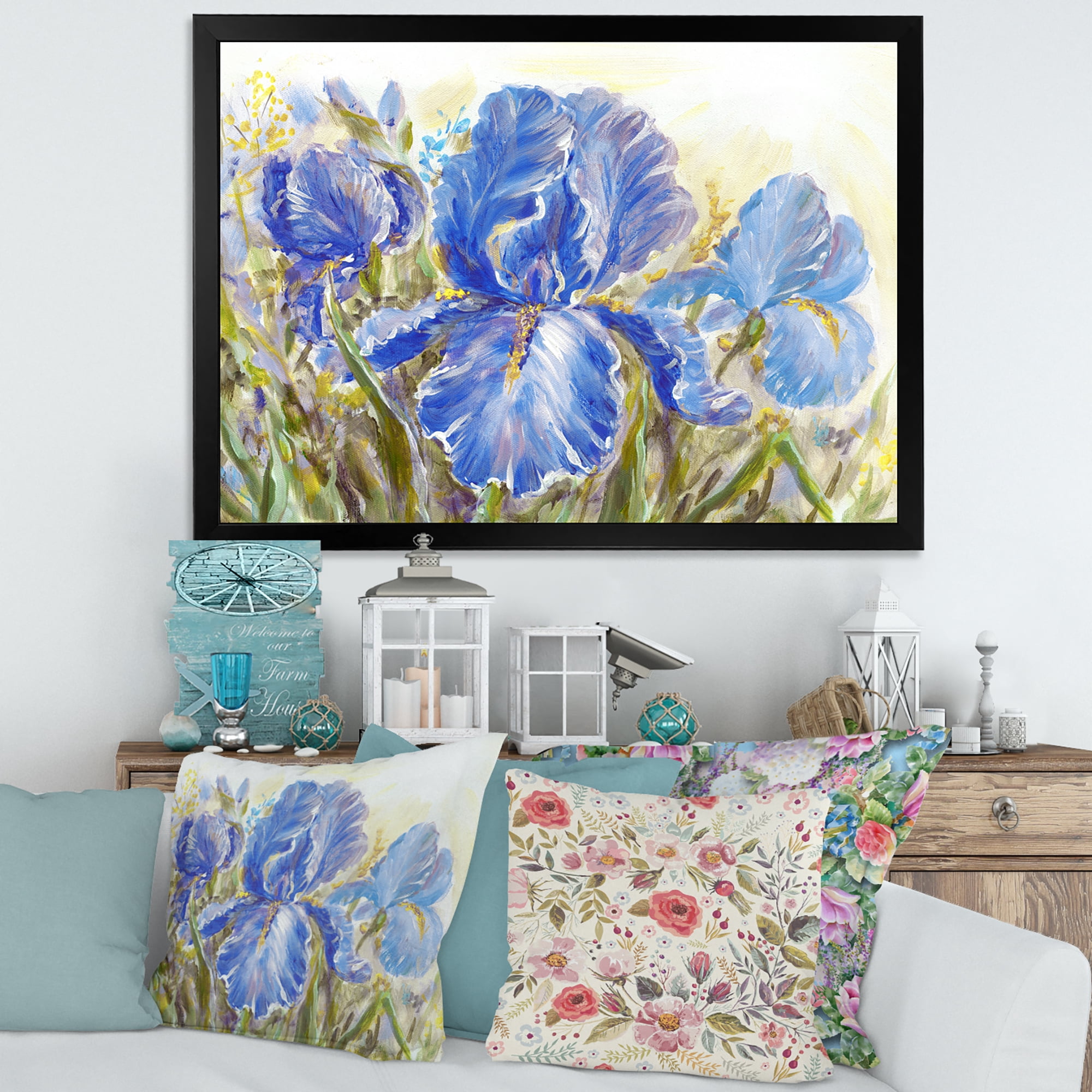 Designart 'Blue Irises Blossoming Flowers' Traditional Framed Art Print