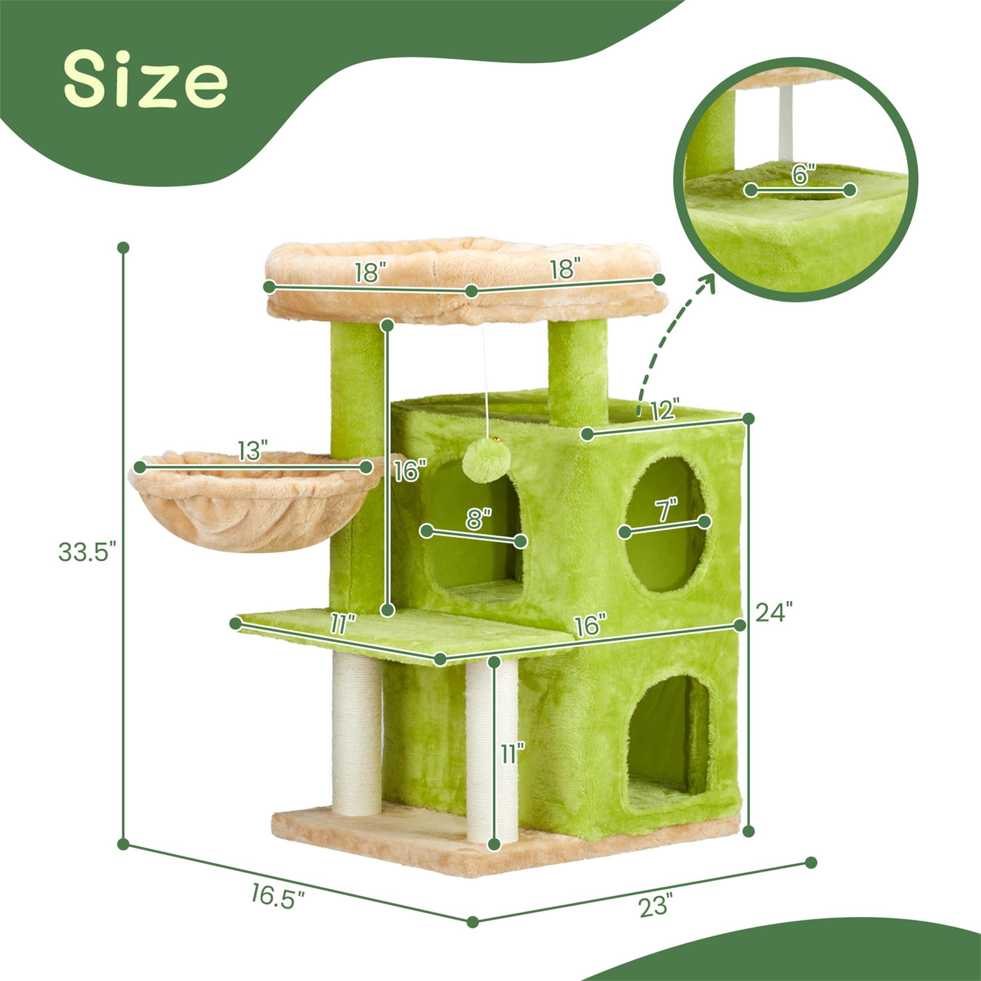 Kadyn 33" Cat Tree Tower for Indoor Cats, Cat Tree House with Large Padded Perch, Hammock, 2-Tiered Condo, Scratching Posts and Dangling Ball, Green