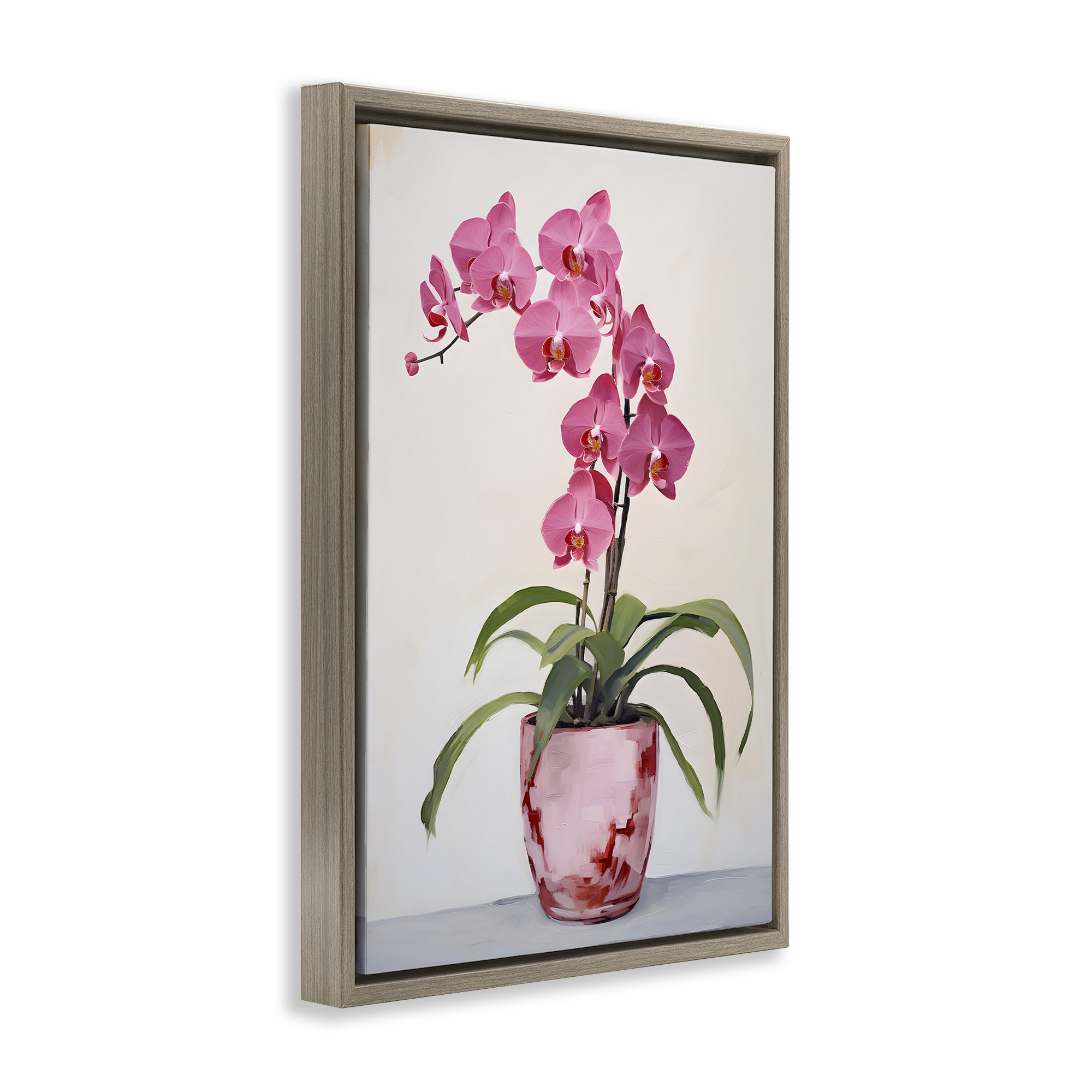 Stupell Industries Modern Pink Orchid Botanical & Floral Painting Brown Floater Framed Art Print Wall Art, 21 x 31
