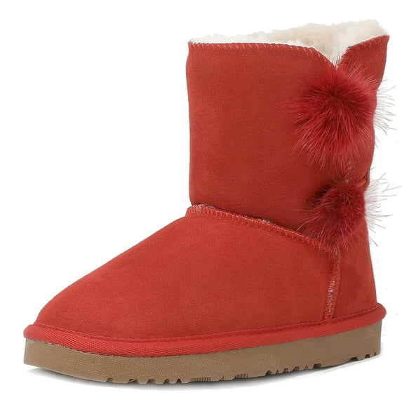 Dream Pairs New Kids/Girls Classic Mid Snow Boots Winter Flat Shoes Faux Fur Shorty-Pompom Red Size 4