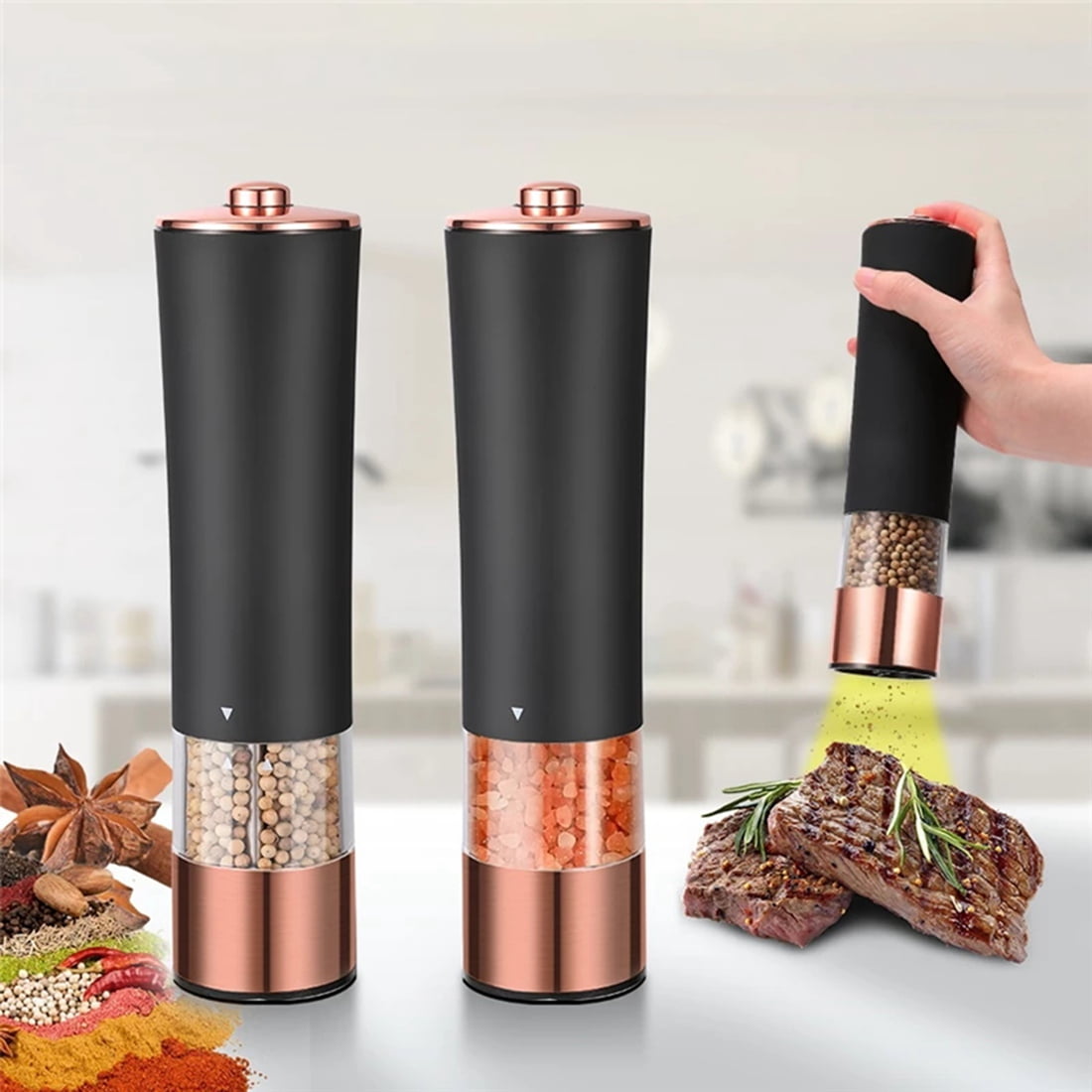 2Pcs Automatic Salt Pepper Grinder Electric Spice Mill Battery Powered Adjustable Coarseness Pepper Mill Kitchen -White