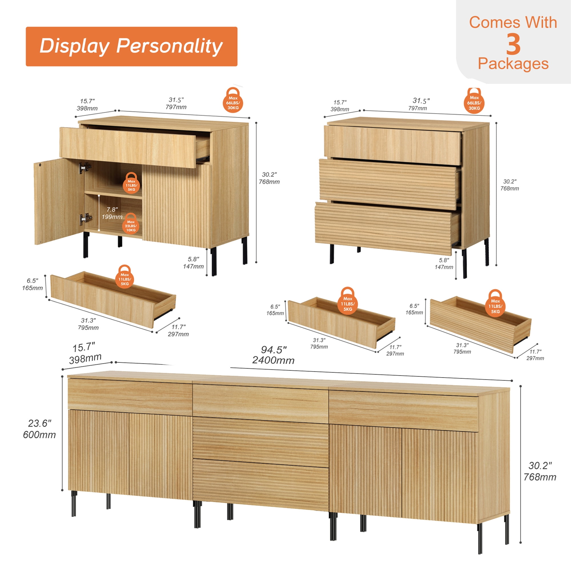 94.5" Modern Reeded 5-Drawer Dresser Set for Bedroom, Minimalist Chest of Drawers with Storage, Wooden Dresser for Living Room, Bedroom, Entryway