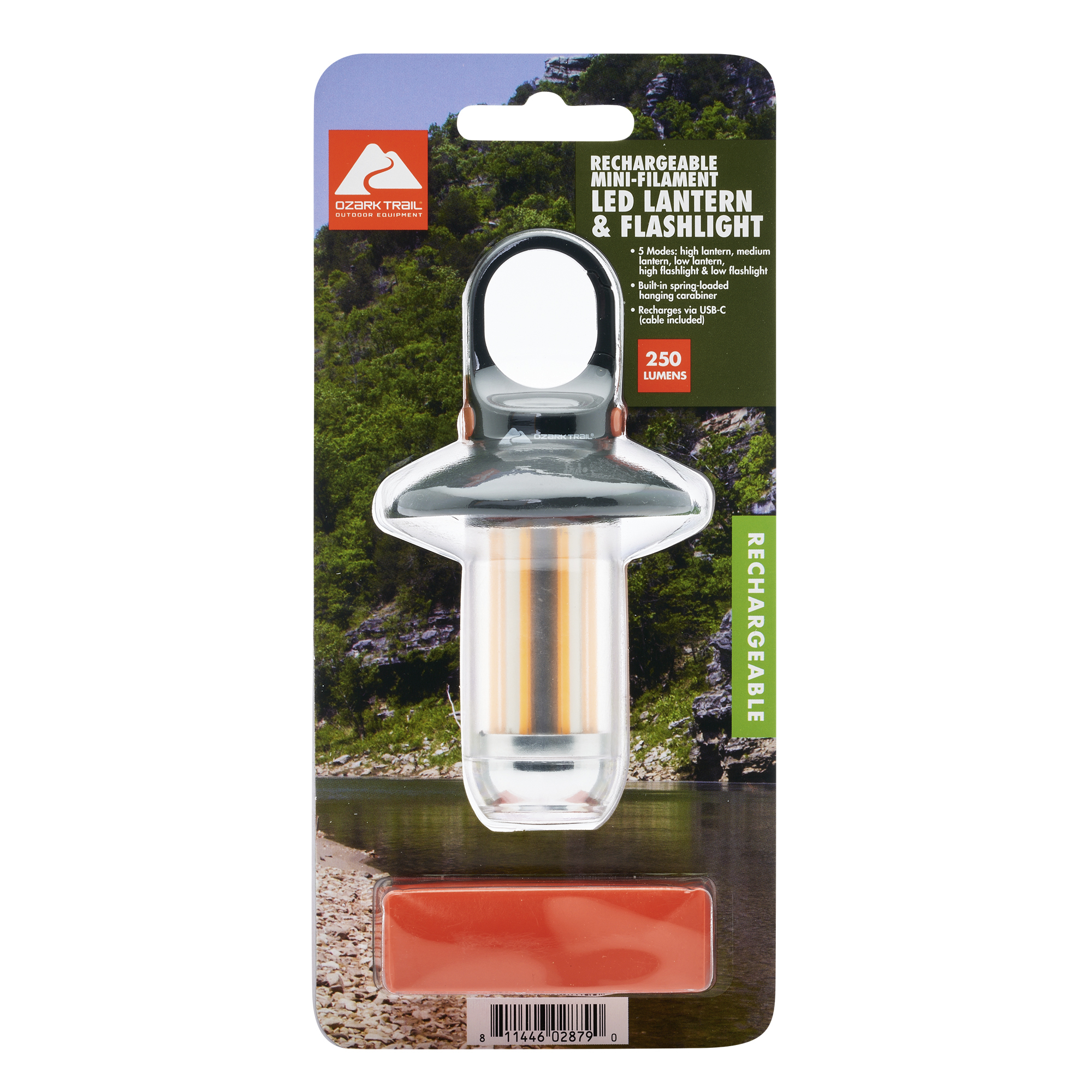 Lámpara de Camping Eléctrica Recargable Ozark Trail de 250 Lúmenes, Linterna y Lámpara de Filamento Mini 8