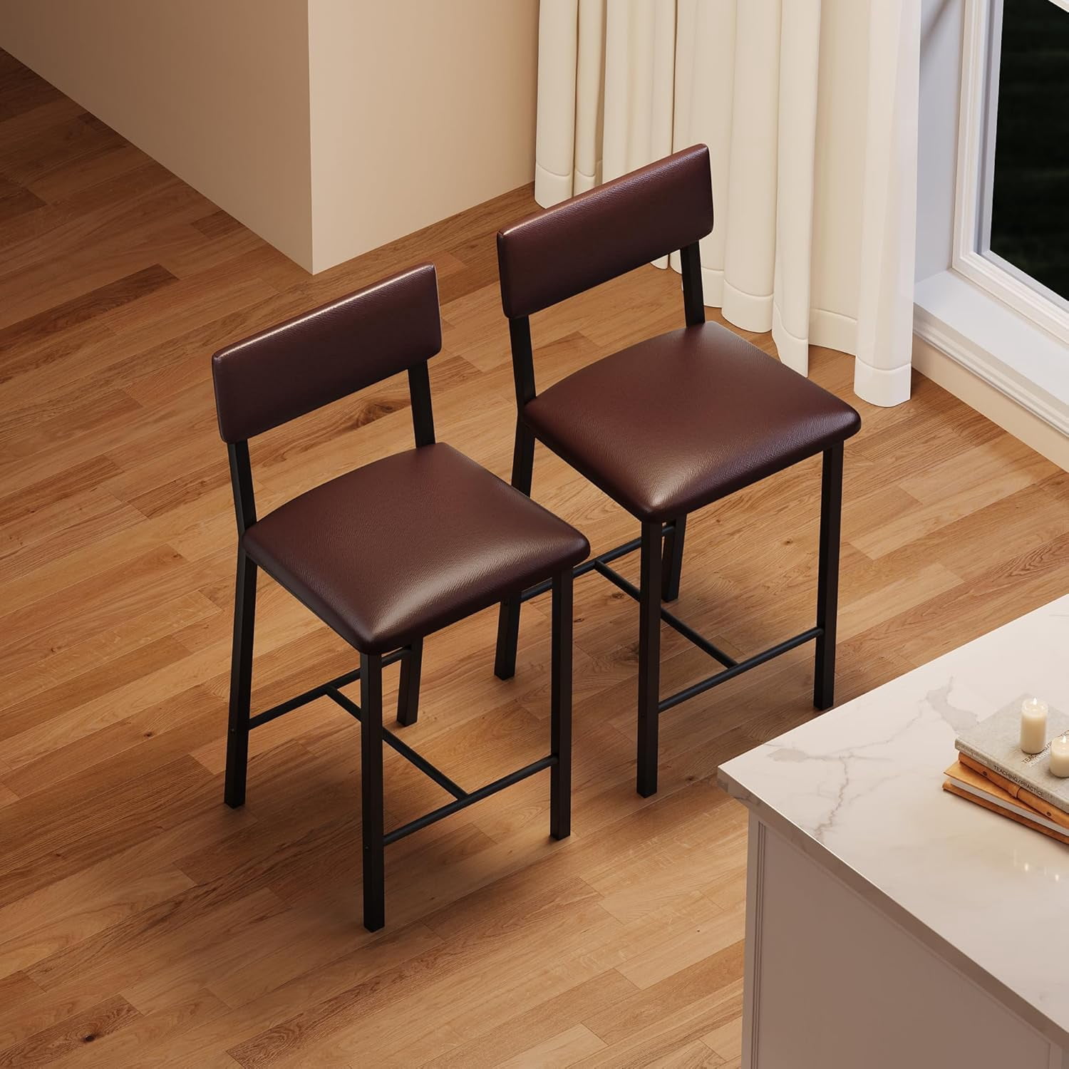 Set of 2 Counter Height Bar Stools - 400 lbs Heavy-Duty Metal Frame - Ergonomic PU Leather Upholstered Seat with Backrest & Footrest - Easy to Clean - Ideal for Kitchen Island, Home Bar, Dining